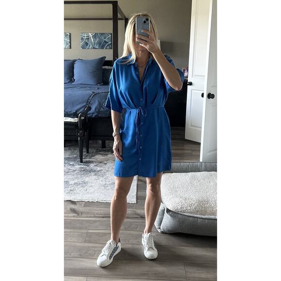 THAKOON Women's Blue Button Front Collared Tie Waist Mini Shirt Dress Size 14 - Picture 15 of 15